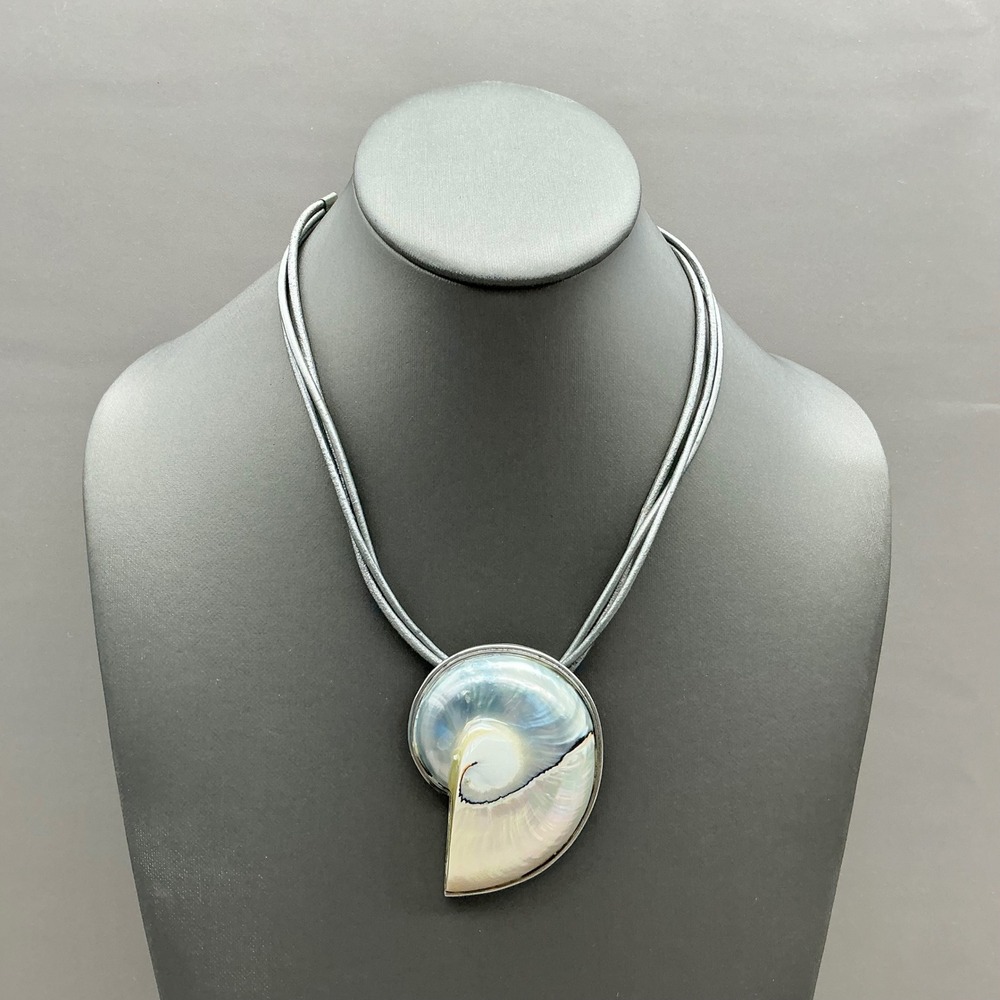 Nautilus Shell Pendant Necklace Women Silver Tone Iridescent Coastal Beachy